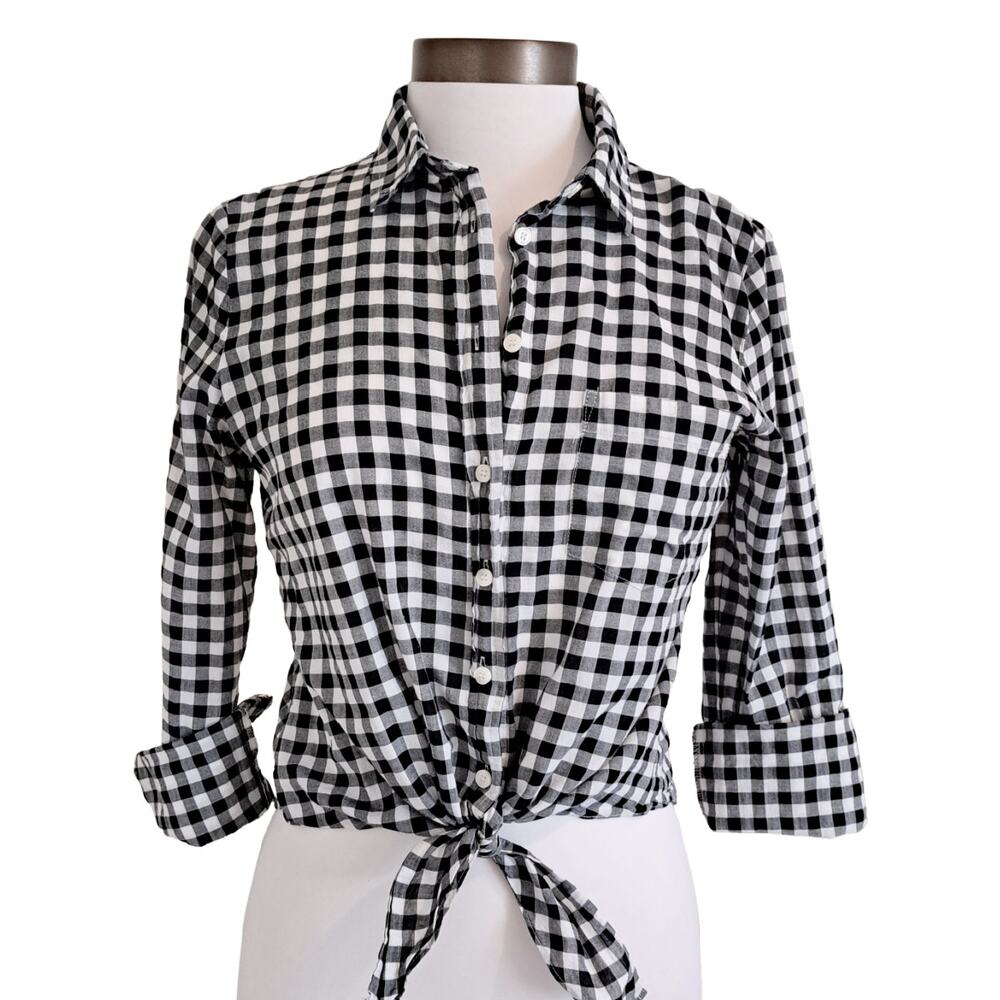 J Crew Gingham Tie Front Button Down Shirt Black & White Size Small